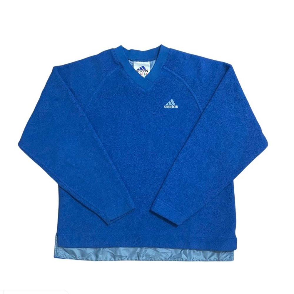 Adidas Raglan High-Low Fleece V-Neck Long Sleeve Pullover Sweater Medium Blue